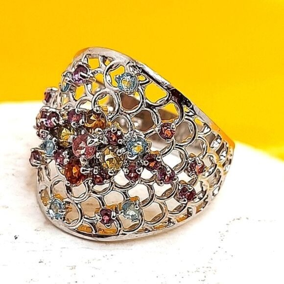 Natural Tourmaline, Apatite, Rhodolite Garnet 925 Sterling Silver Ring Sz 7.5‎ - Picture 1 of 9